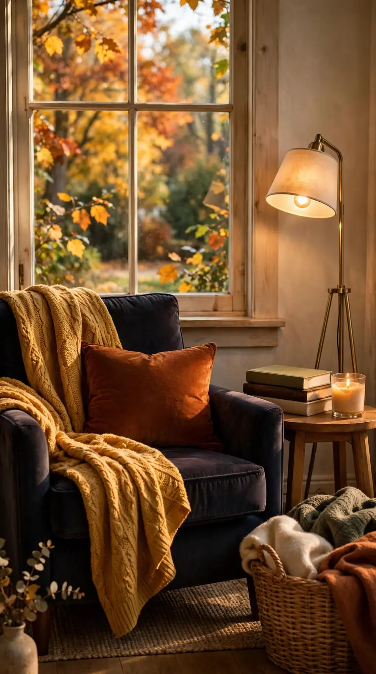 20 Fall Home Decor Ideas for a Warm Autumn Home 2026 Cozy fall reading nook with armchair, throw, and candle