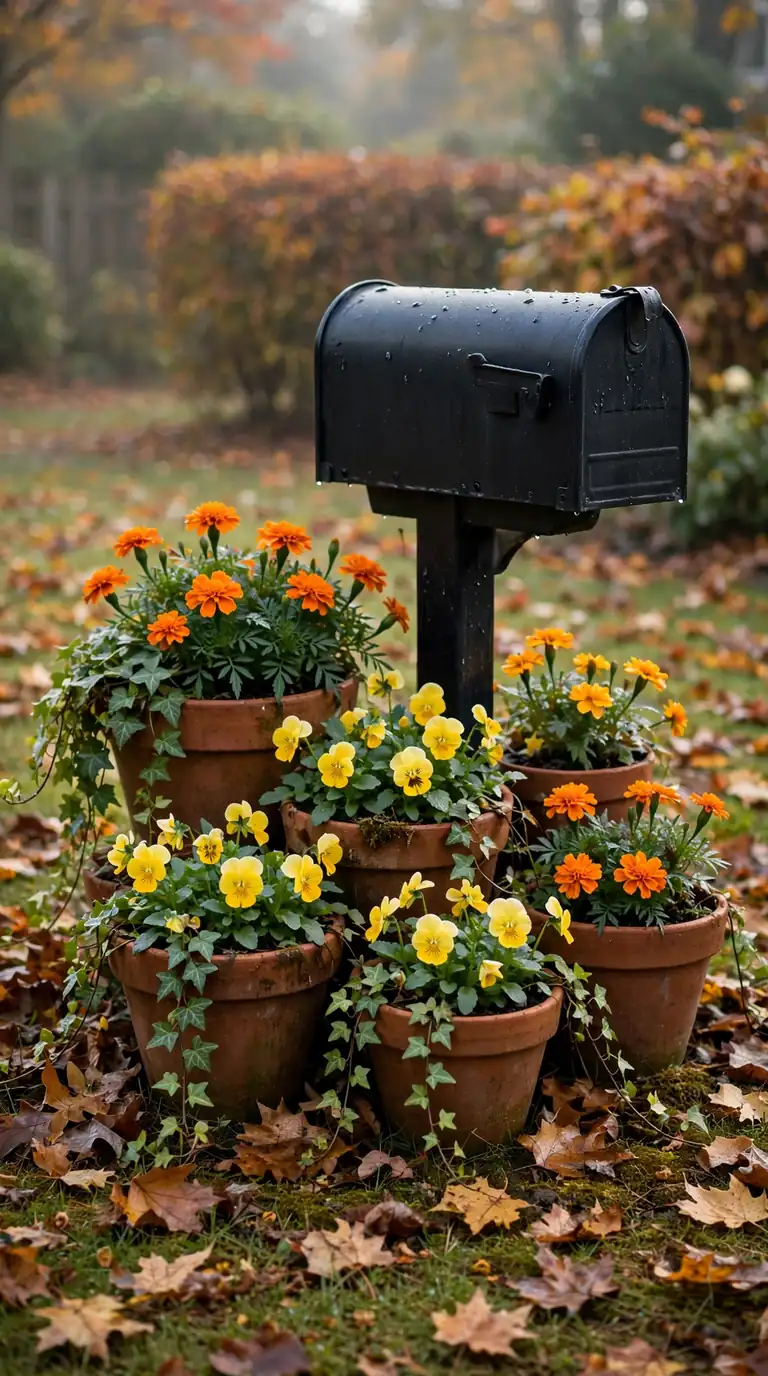 Terracotta pots of orange marigolds and yellow pansies clustered around a mailbox