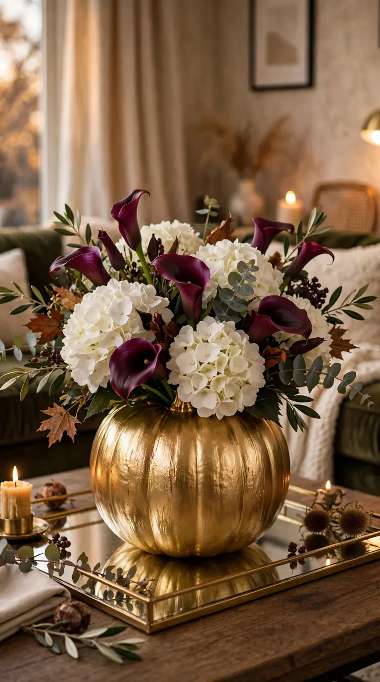 Gold painted pumpkin with white hydrangeas and burgundy calla lilies