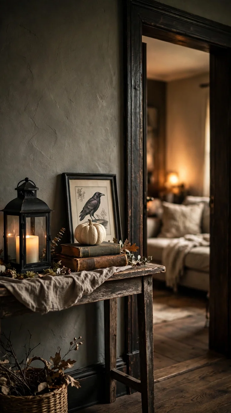 Small console inside the living room styled with lantern, books and pumpkin