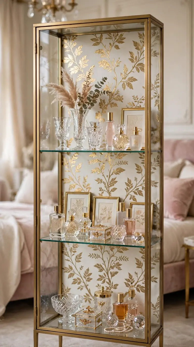 Ivory wallpaper with gold metallic leaf pattern inside a glass-front bedroom cabinet with perfume bottles