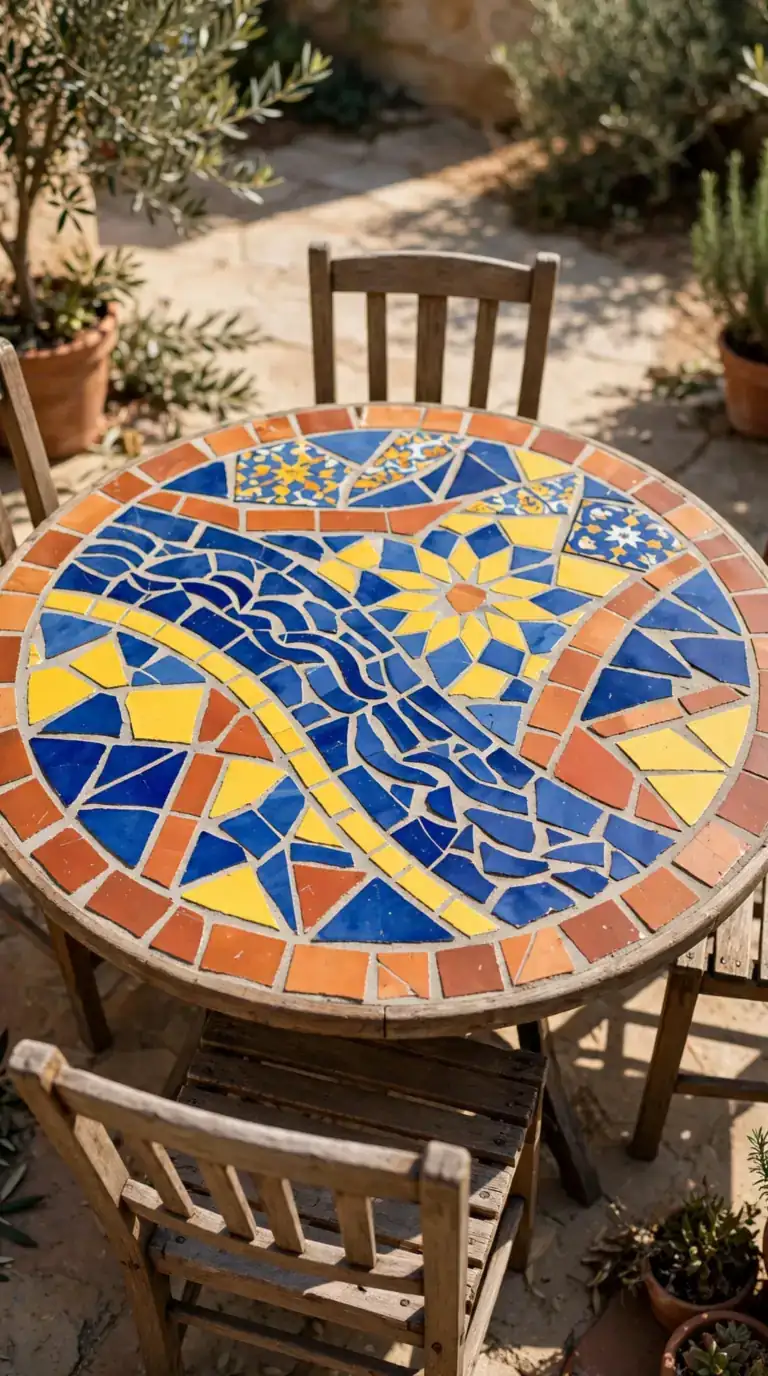 Round outdoor dining table with colorful broken tile mosaic top in a Mexican backyard