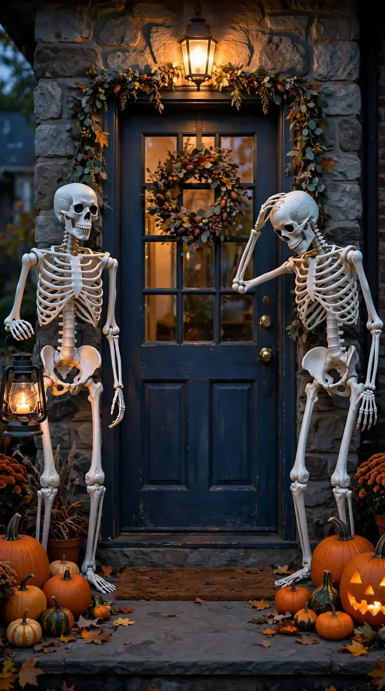 Two life-size skeletons posed as doormen beside a front door at dusk