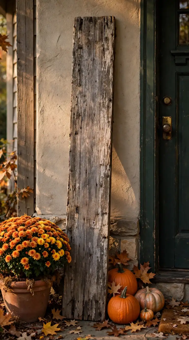 Tall weathered wooden welcome sign leaning beside a fall front door