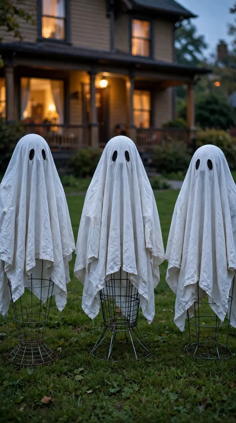 Tomato cage ghosts with white sheets standing in a front yard