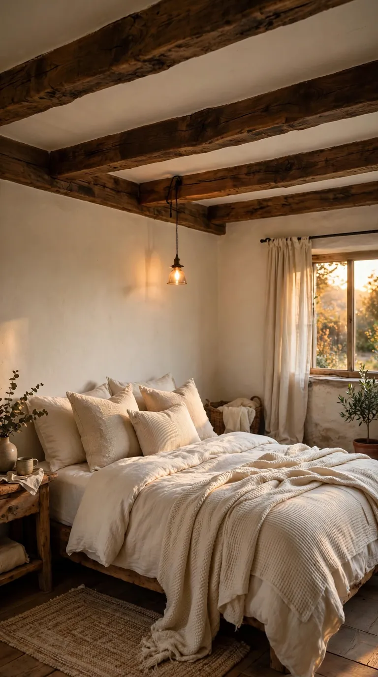 Cozy bedroom with exposed wooden ceiling beams and warm pendant lighting
