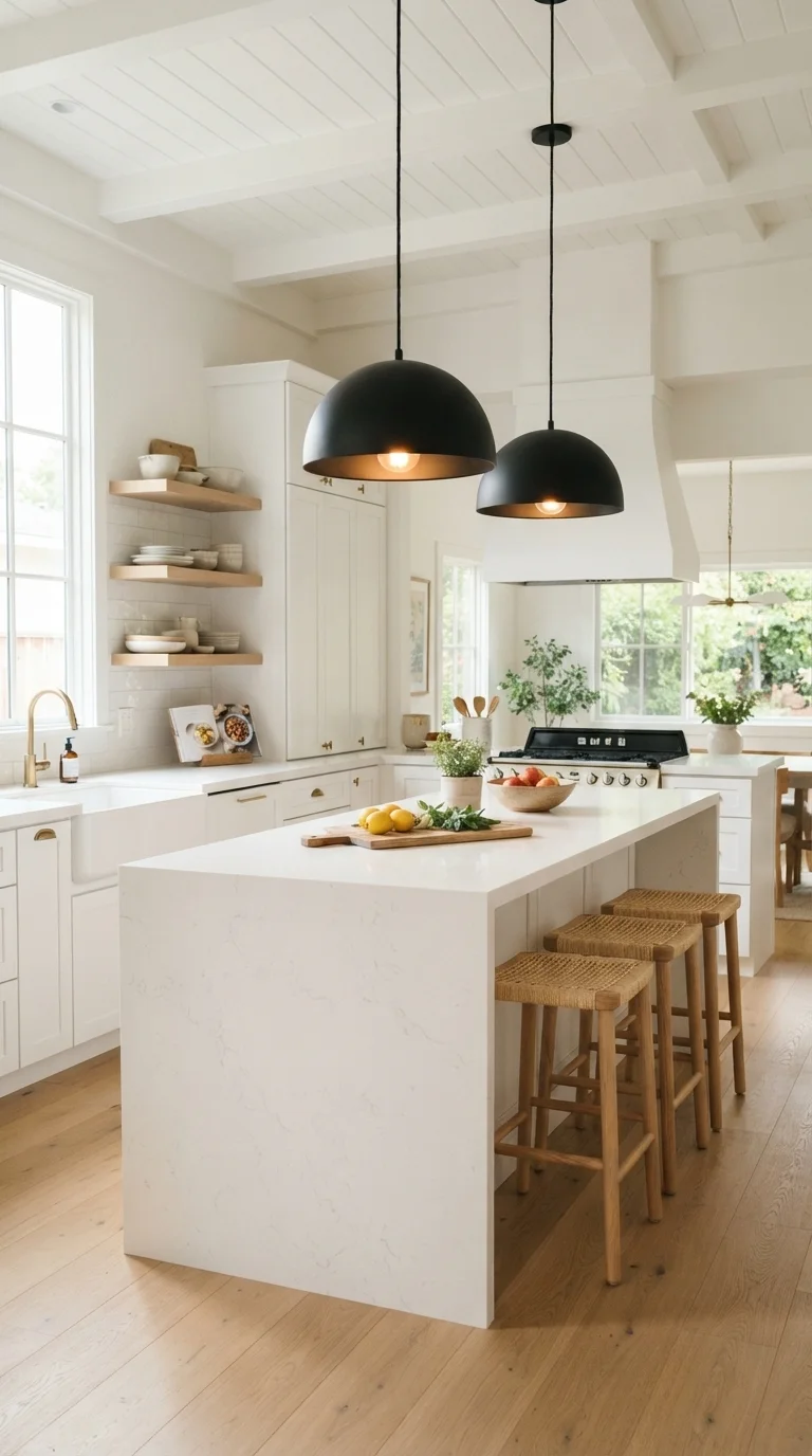 11. Black Pendant Lighting Over White Counters