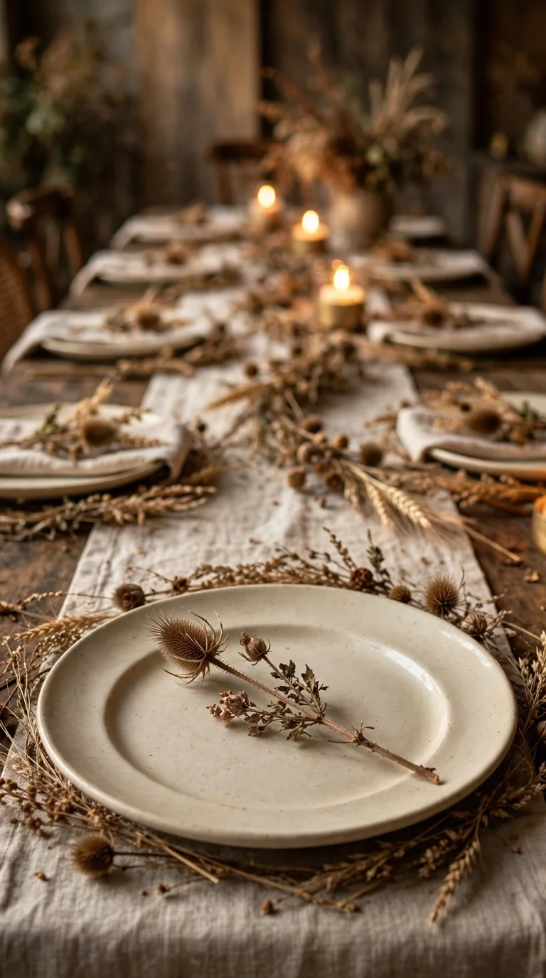 Fall place setting with a single dried flower stem laid across the dinner plate