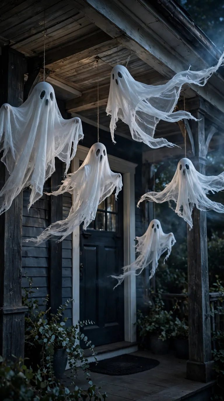 White cheesecloth ghosts drifting from a porch ceiling in front of a door