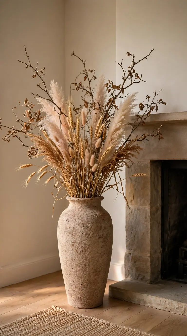 Tall floor vase with dried branches and wheat stems in living room