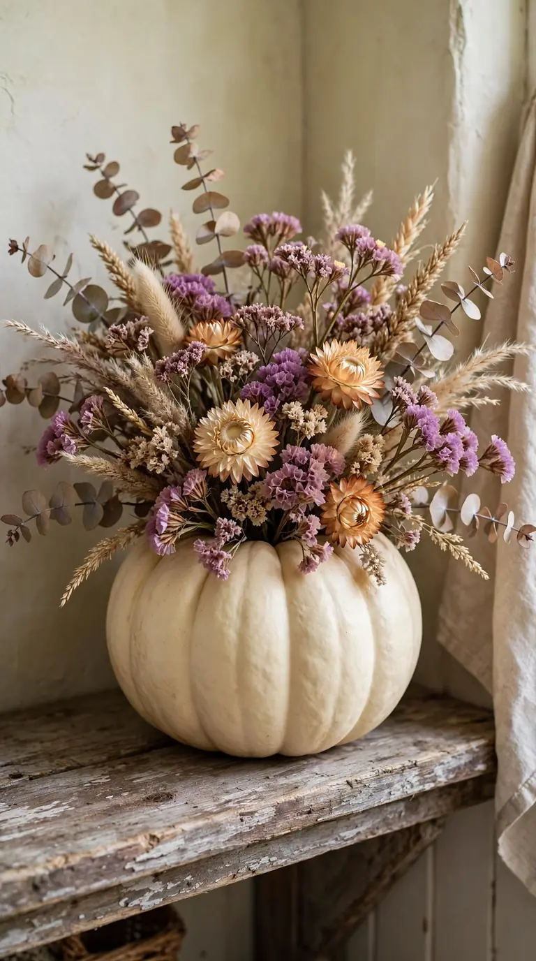 Cream pumpkin with everlasting dried flowers in mauve and caramel tones