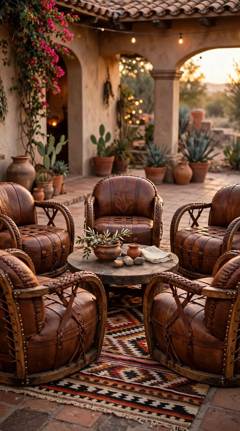 Traditional equipal leather barrel chairs arranged around a fire pit in a Mexican backyard lounge