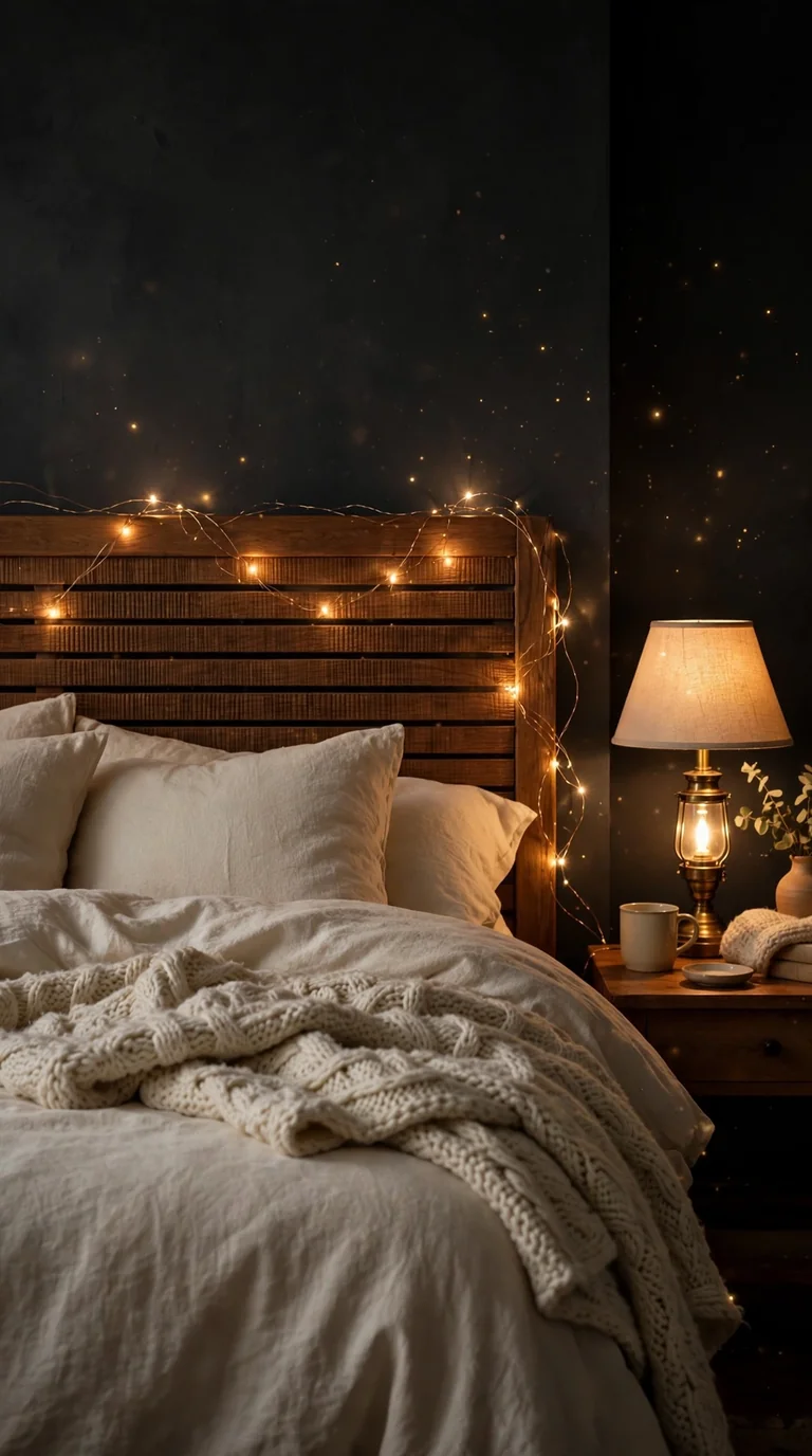 Fairy lights woven around a wooden headboard in a cozy bedroom at night