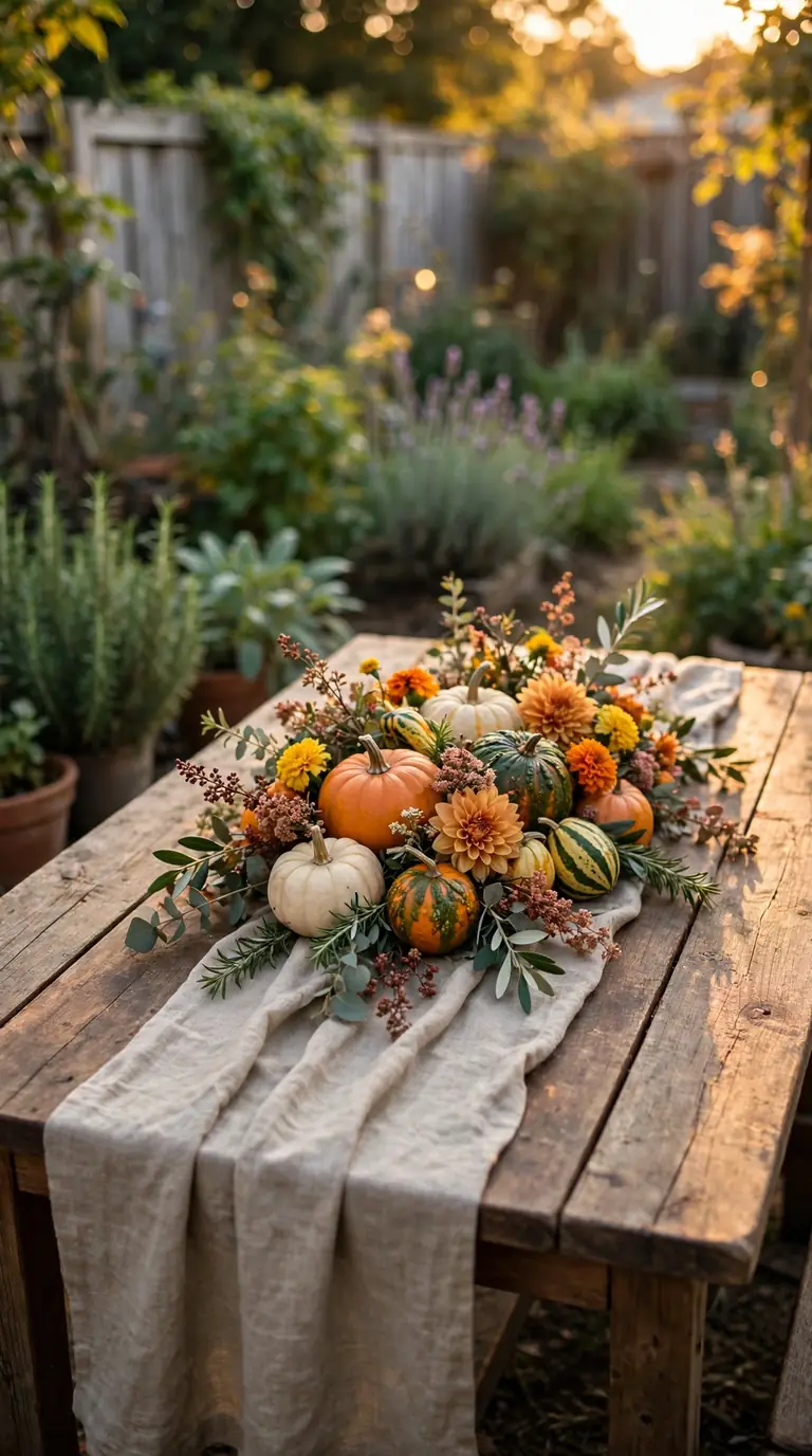 Outdoor harvest table with a low centerpiece of pumpkins, gourds and fall flowers at golden hour