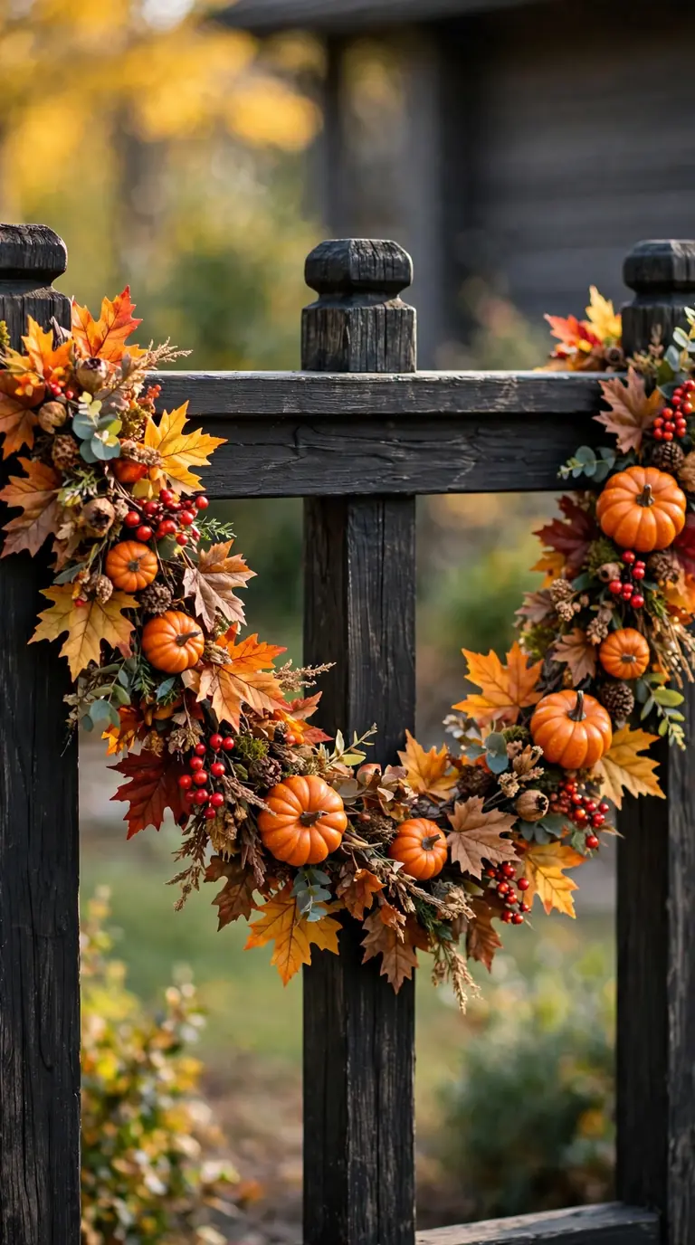 Faux maple leaf fall garland draped along a porch railing