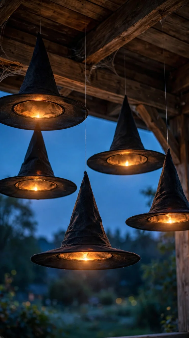 Floating witch hats with lights hanging under a porch ceiling