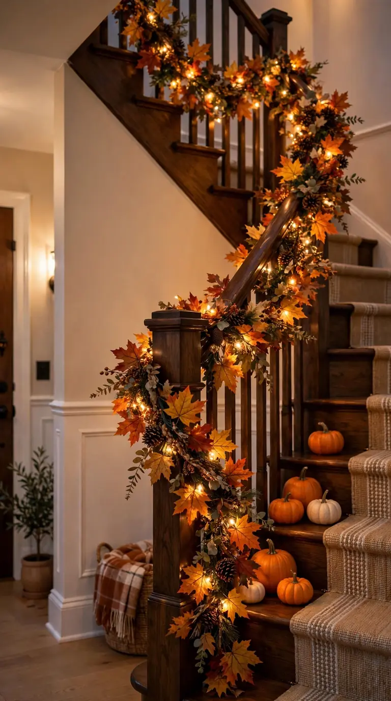 20 Fall Home Decor Ideas for a Warm Autumn Home 2026 Staircase railing draped in fall garland with fairy lights