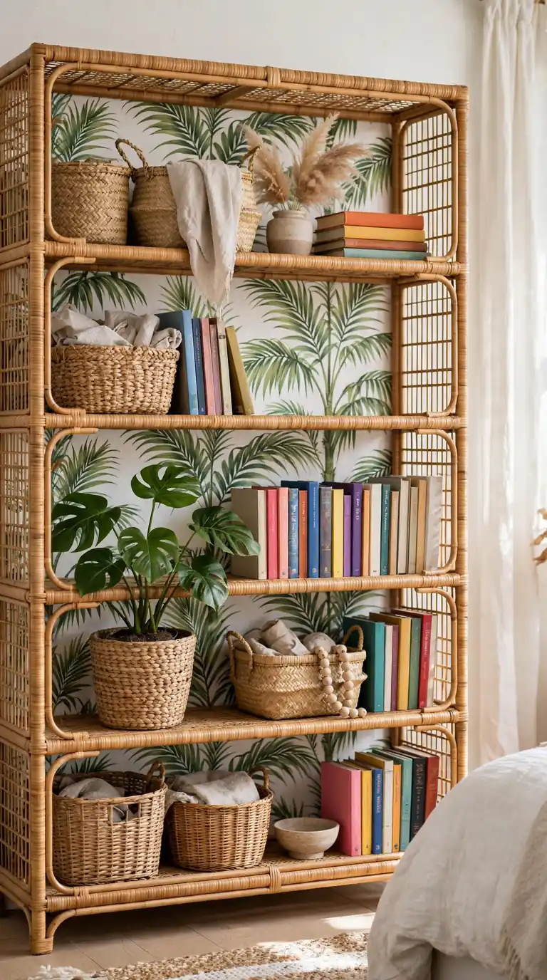 Green tropical palm leaf wallpaper on a rattan bedroom bookcase with woven baskets and a monstera