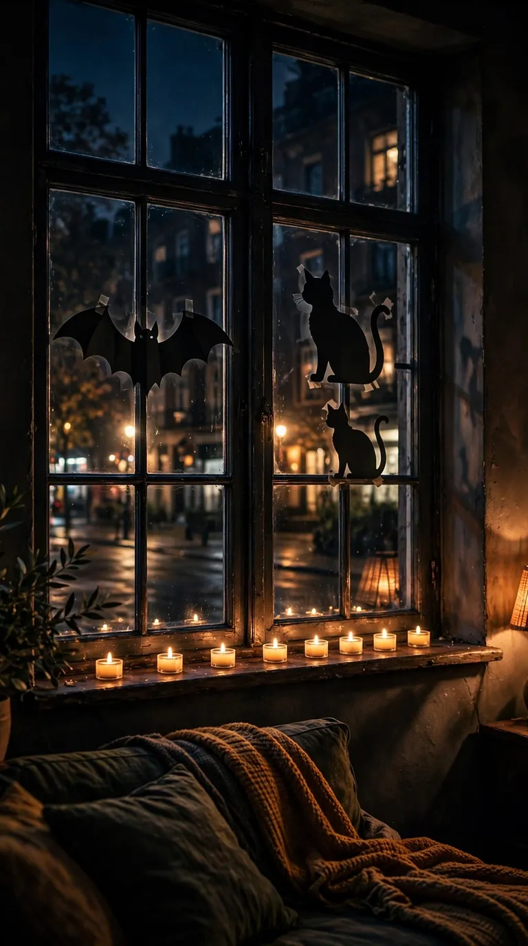 Black bat and cat silhouettes on a living room window glowing at night