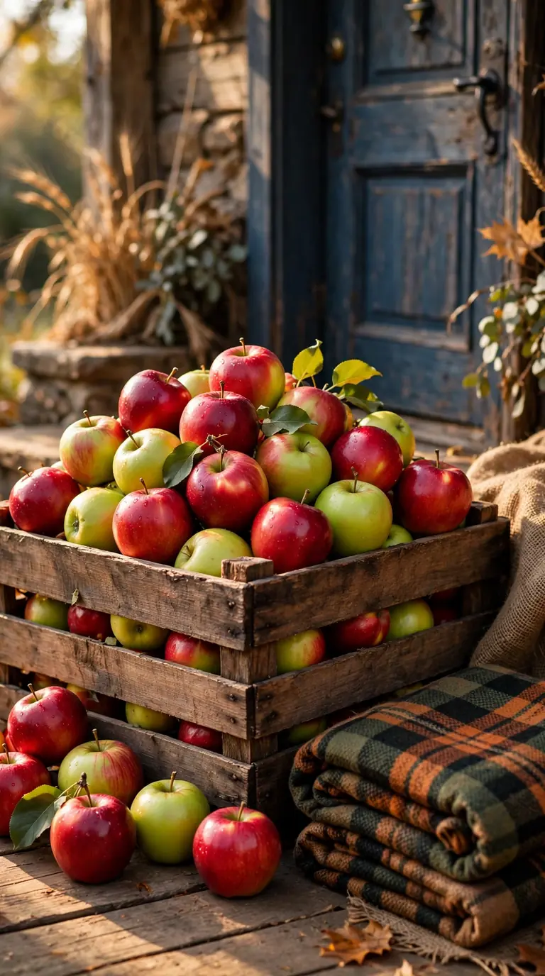 Wooden crate filled with red apples as a harvest display on a fall porch