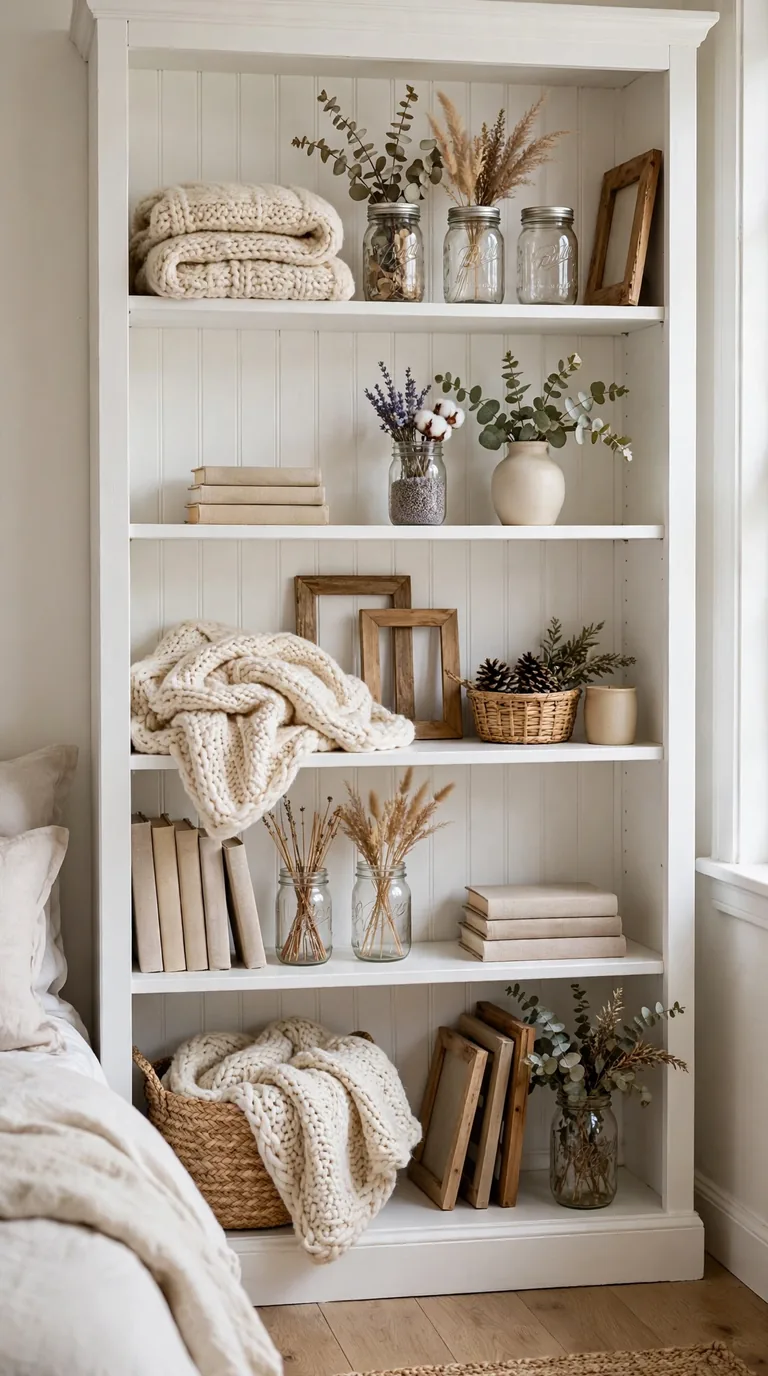 White beadboard-look wallpaper behind a farmhouse bedroom bookshelf styled with knit throws and mason jars