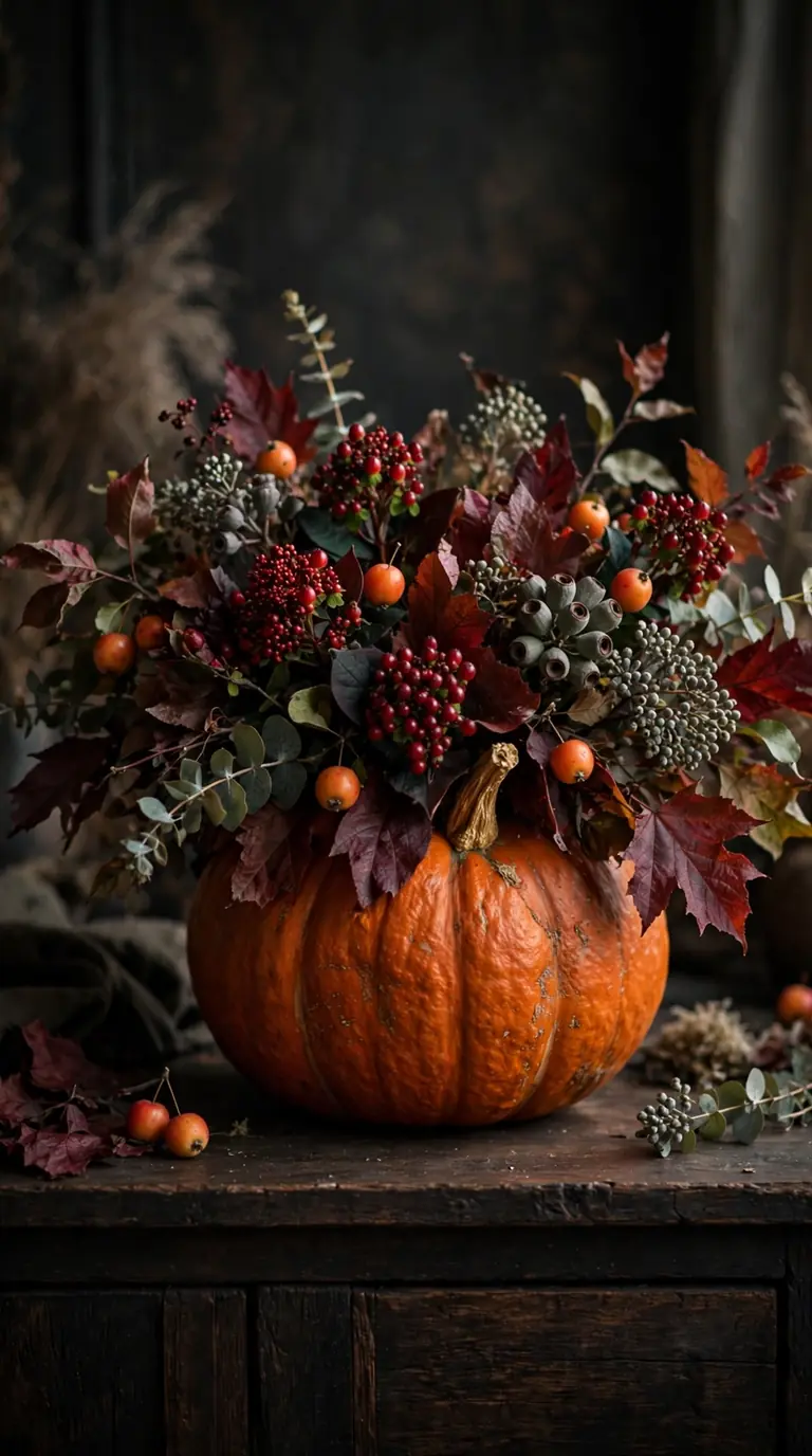 Orange pumpkin filled with red berries, burgundy foliage and crabapples