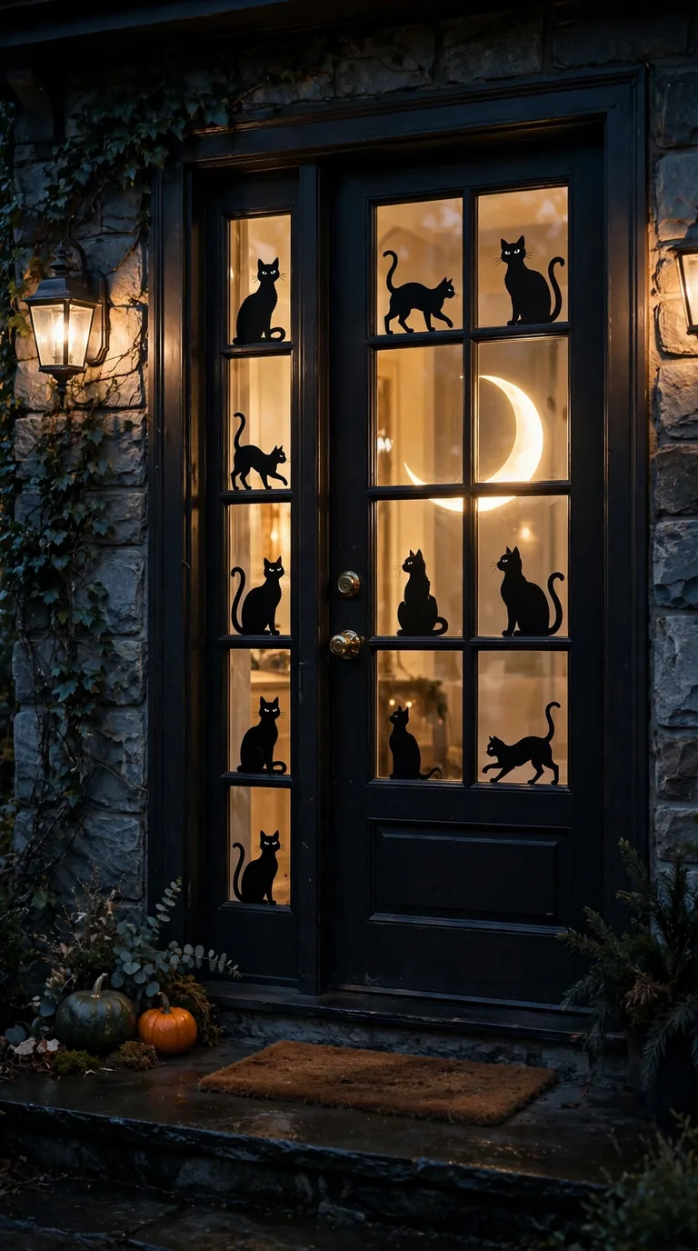 Black cat silhouette decals and crescent moon on a front door glass glowing at night