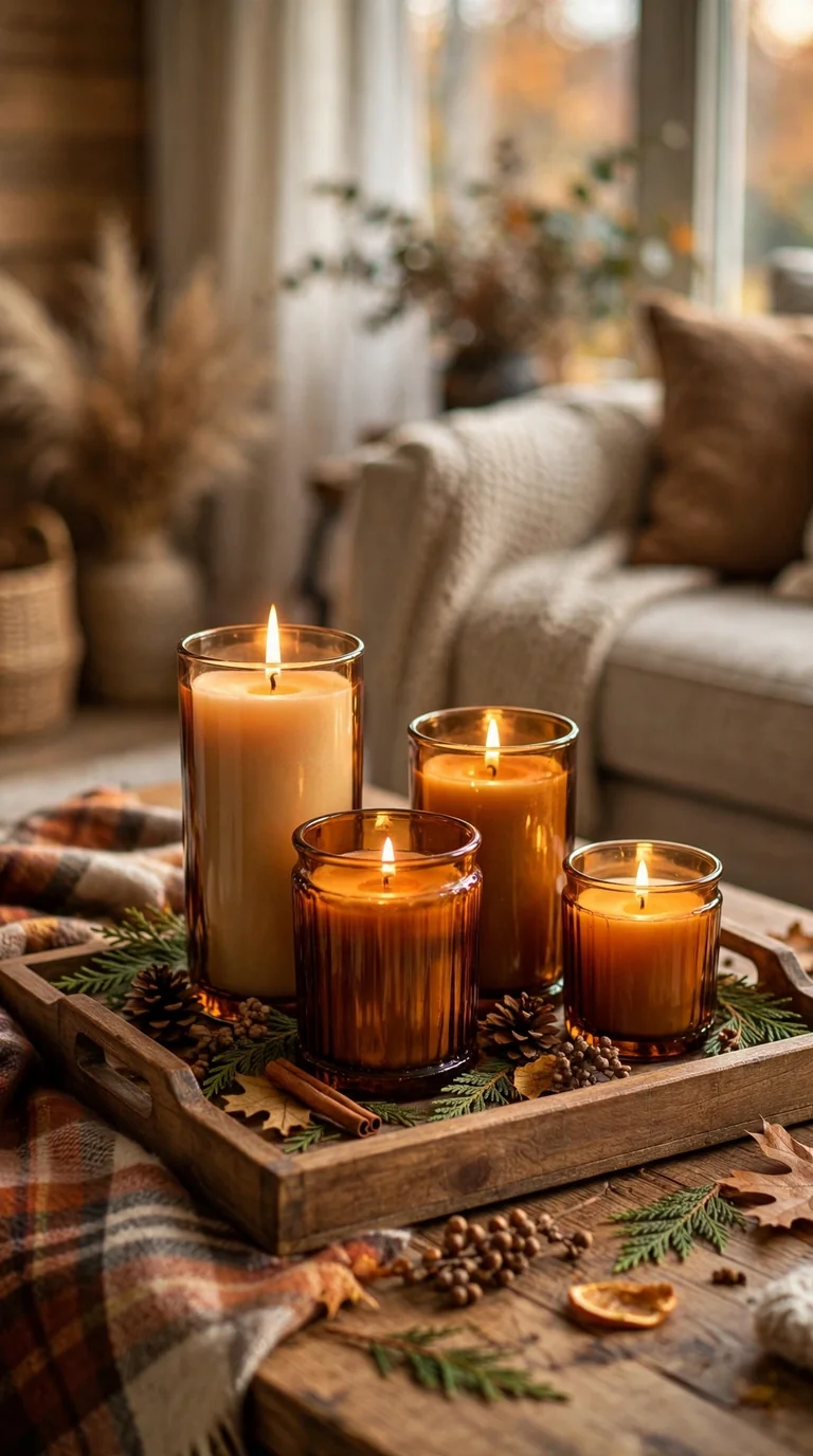 Grouped fall candles in amber glass on a wooden tray