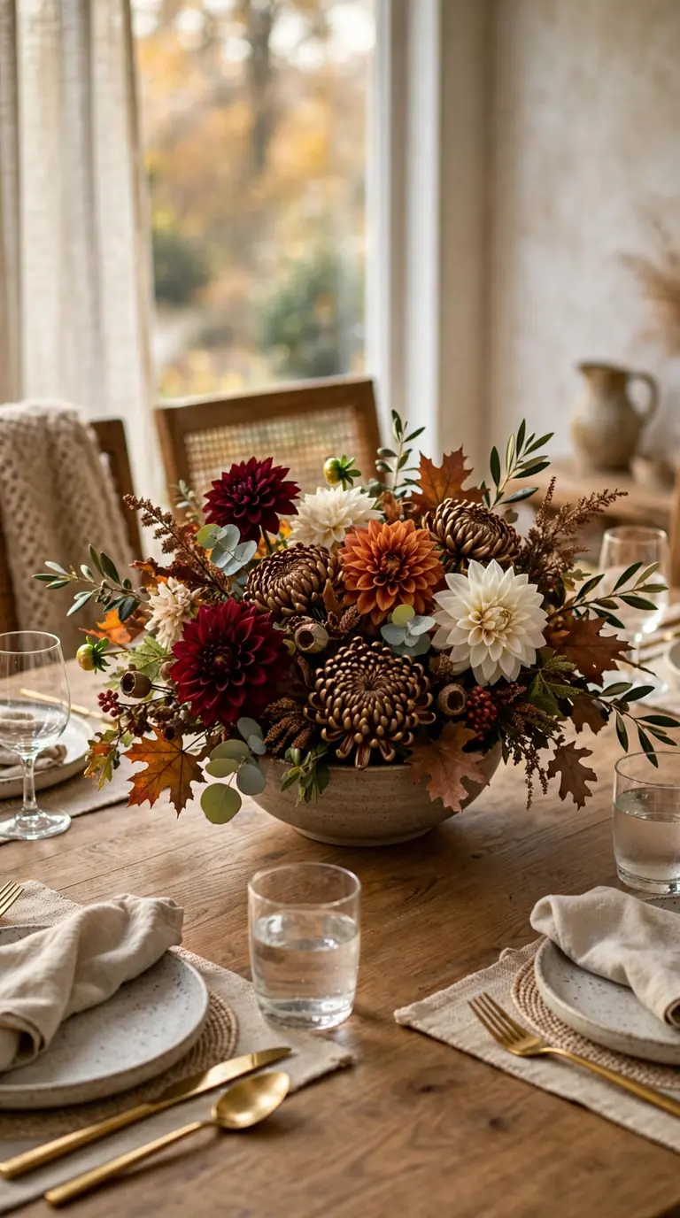 Fall table centrepiece with dahlias, mums, and autumn foliage in a low ceramic bowl