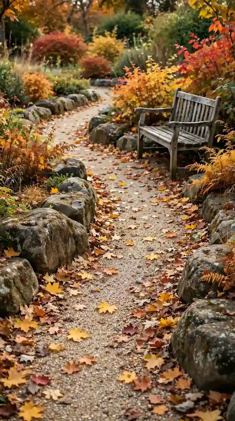 Pea-gravel garden path edged with weathered boulders winding through fallen autumn leaves