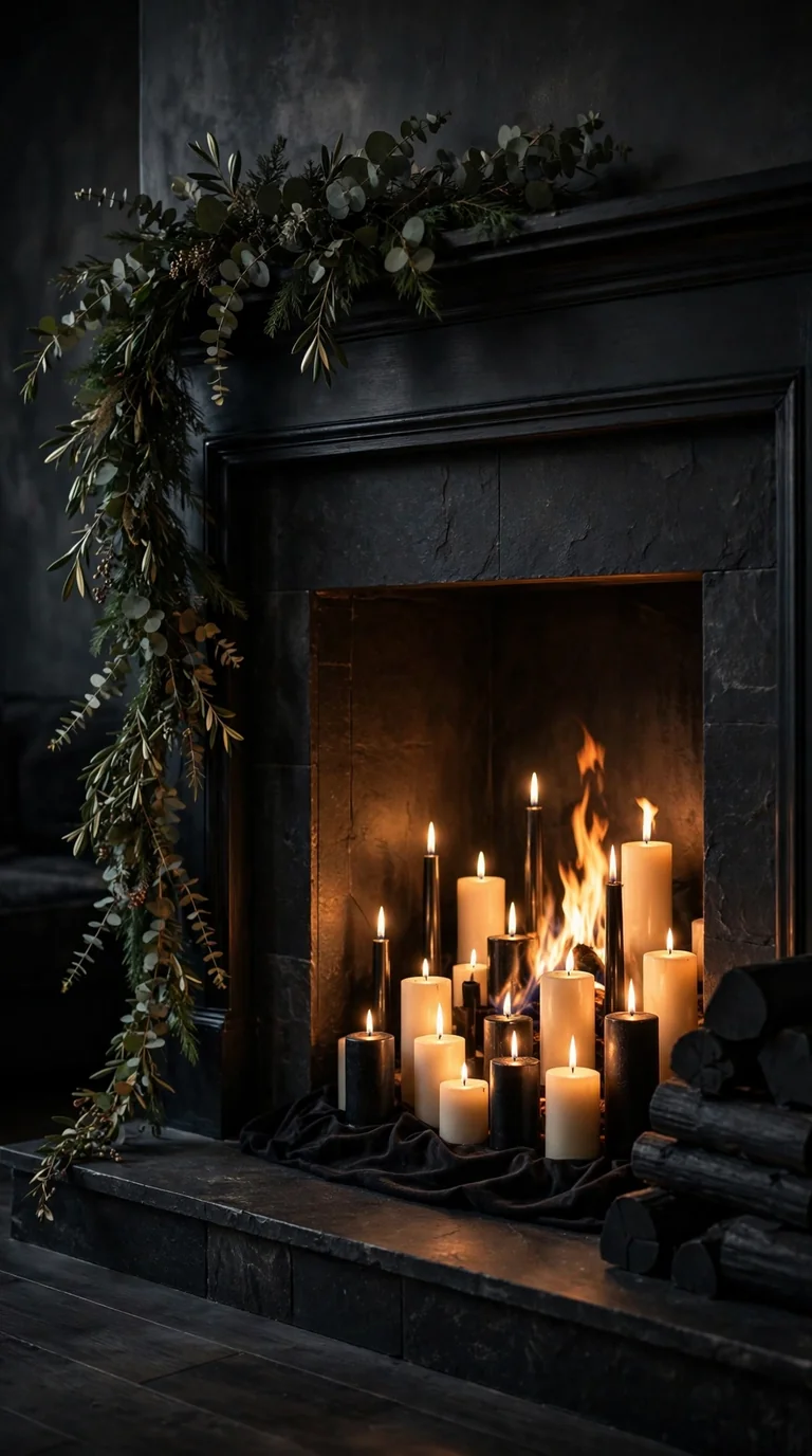 Unlit fireplace firebox filled with glowing pillar candles for Halloween