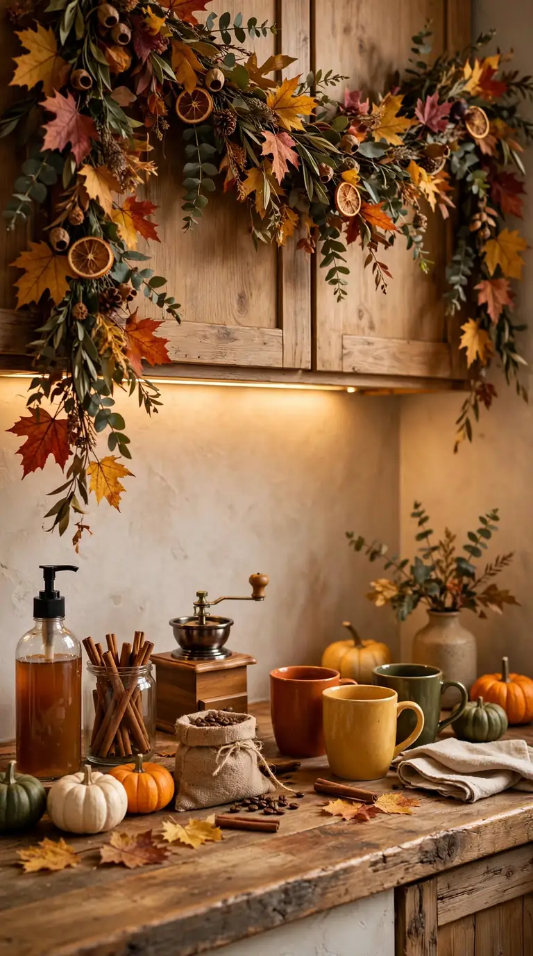 20 Fall Home Decor Ideas for a Warm Autumn Home 2026 Fall coffee bar with pumpkin syrup, mugs, and garland