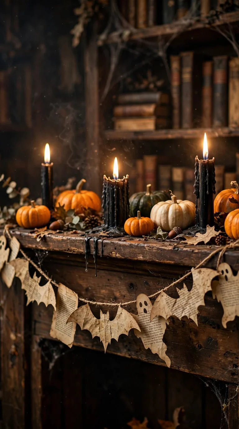 Haunted book page garland with bat cutouts on a Halloween mantel