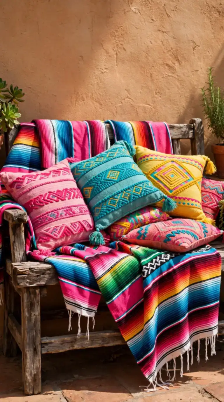 Wooden bench layered with bright serape blankets and woven cushions in a Mexican backyard