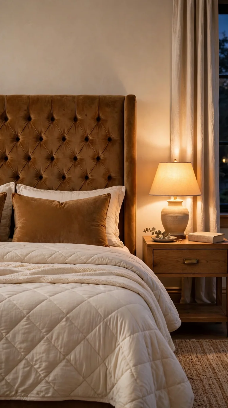 Tufted upholstered headboard in warm beige velvet in a cozy bedroom