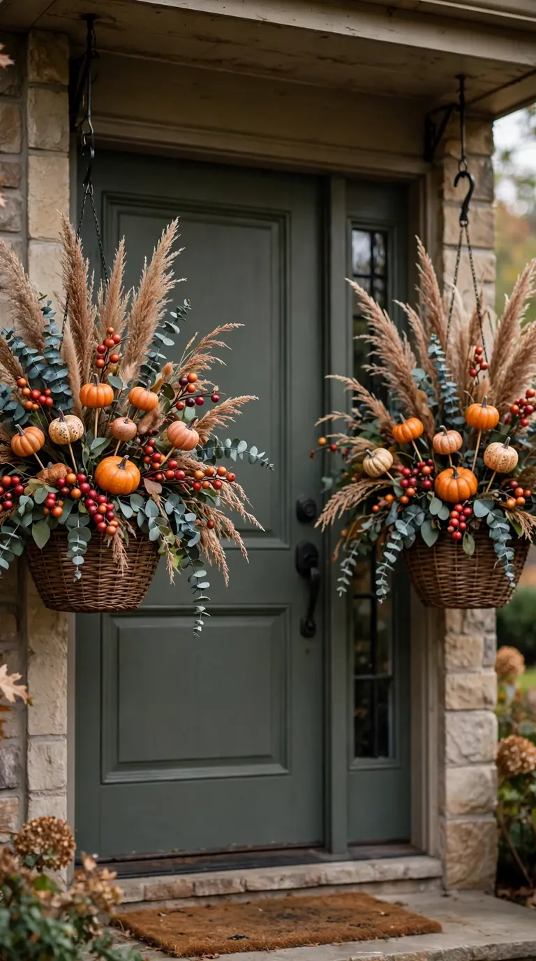 Fall hanging baskets filled with dried grasses and berries by a front door