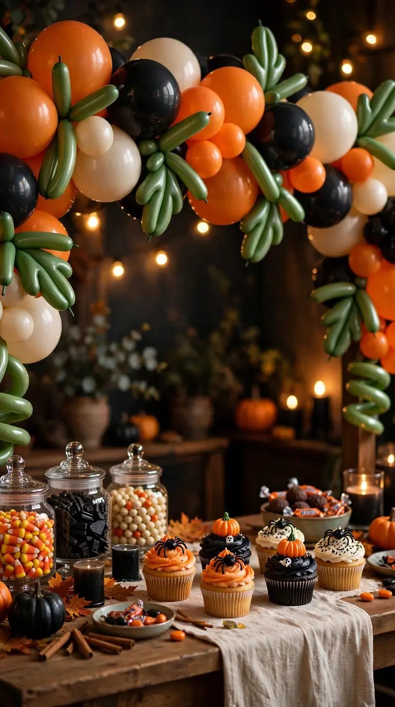 Orange and black balloon pumpkin garland over a Halloween party table