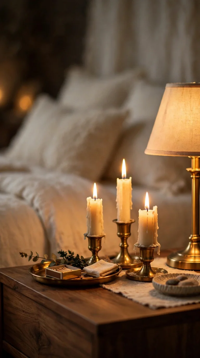 Brass candle holders and lit candles glowing on a bedside table in a cozy bedroom