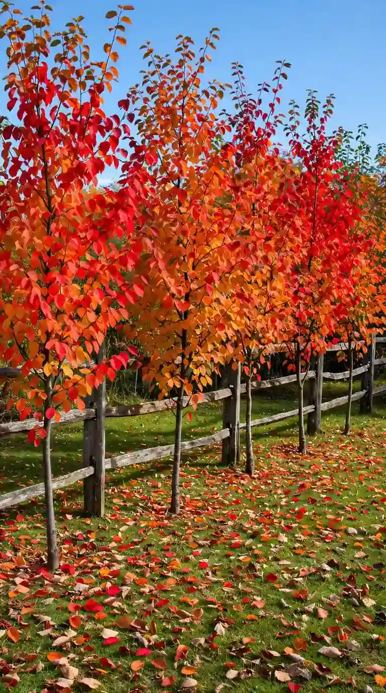 Row of serviceberry trees with blazing red fall foliage along a garden fence
