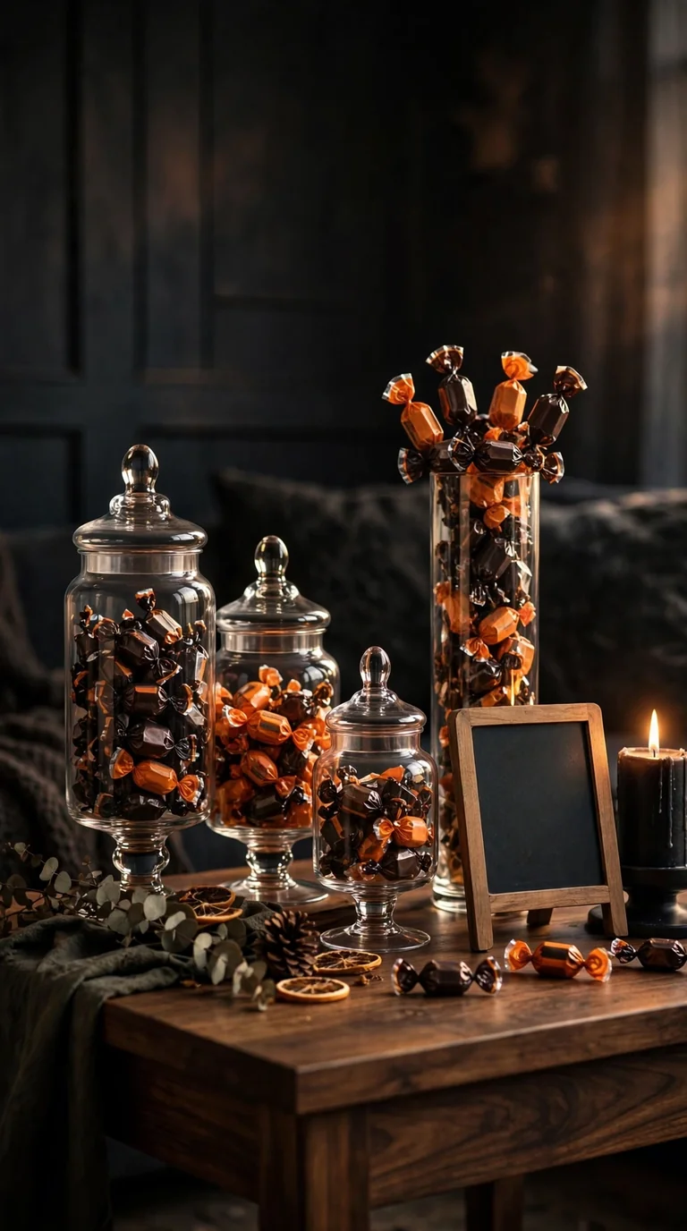 Halloween candy station with glass jars of sweets on a small side table