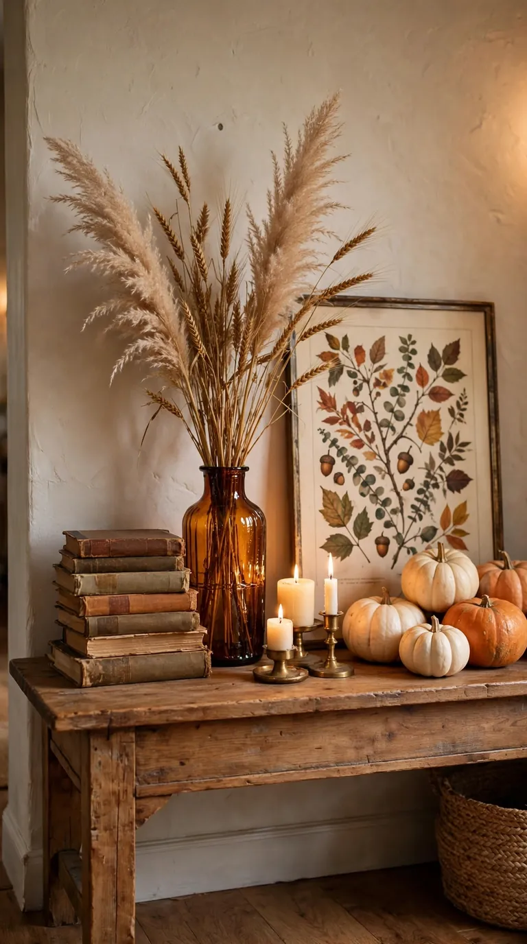 20 Fall Home Decor Ideas for a Warm Autumn Home 2026 Console table vignette with pumpkins, pampas grass, and candles