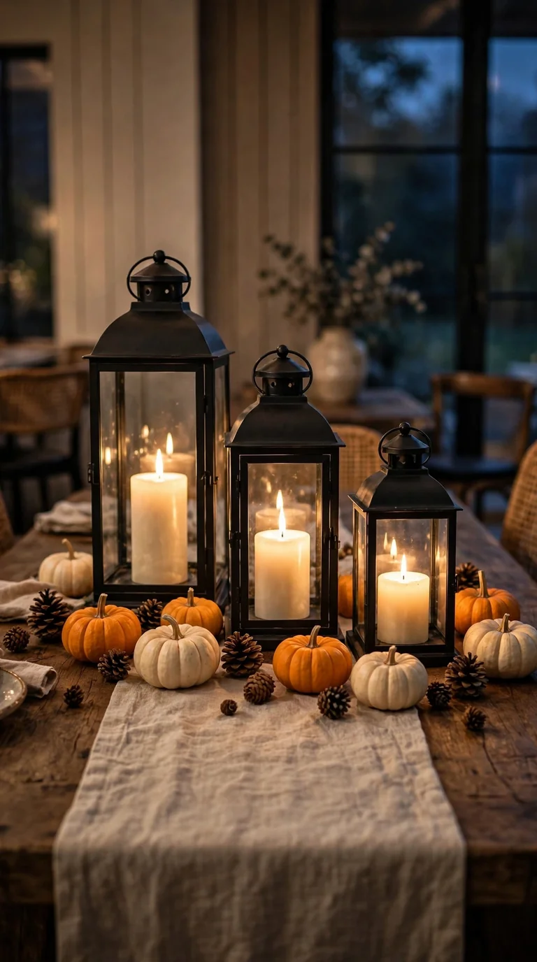 Dining table styled with glowing lanterns, pumpkins, and a linen runner