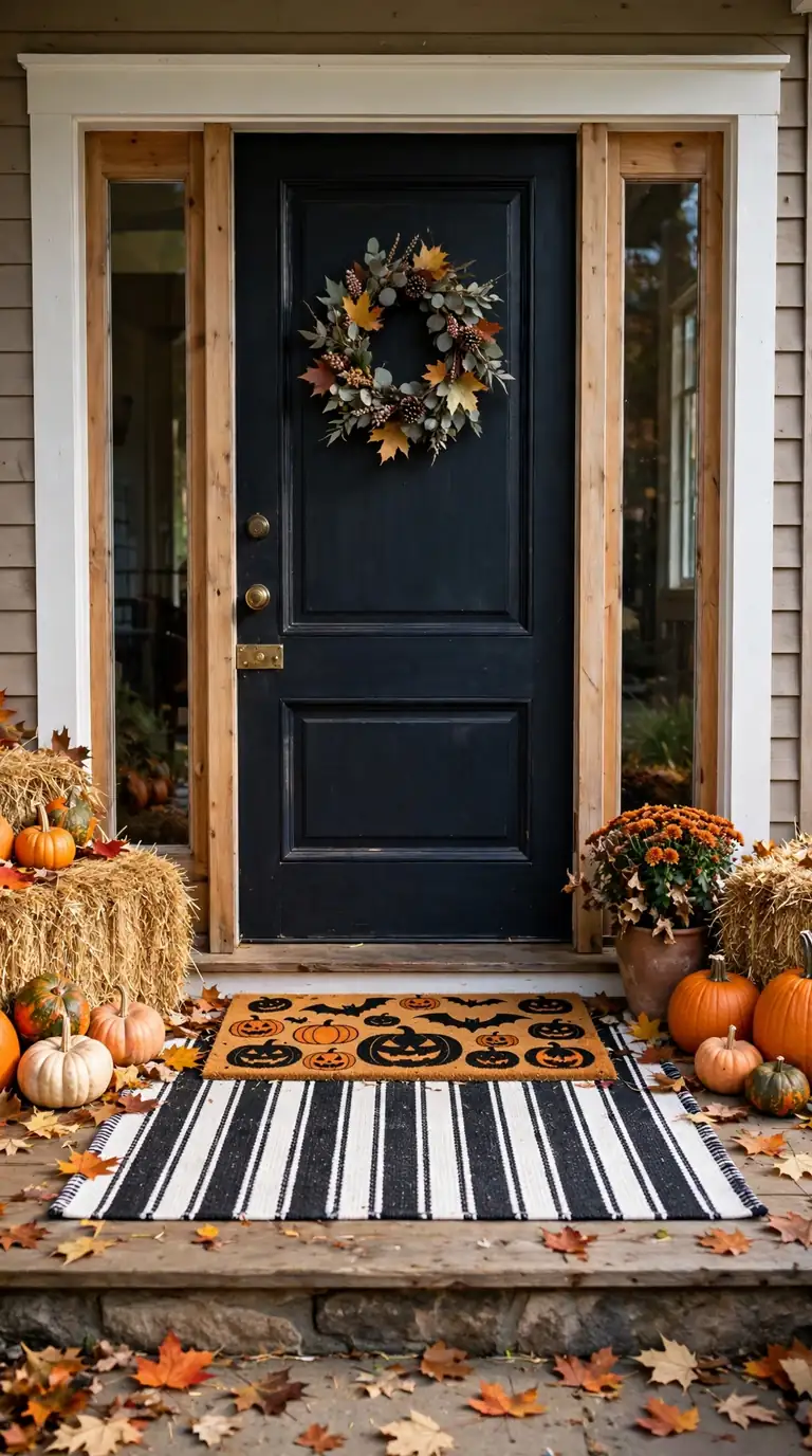 Layered Halloween doormats with a striped rug, pumpkins and hay bales at a doorstep