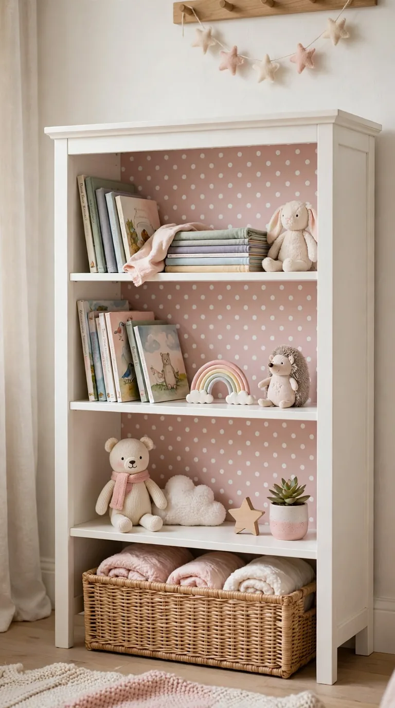 Blush pink polka dot wallpaper behind a small white kids bedroom bookcase with storybooks and plush toys