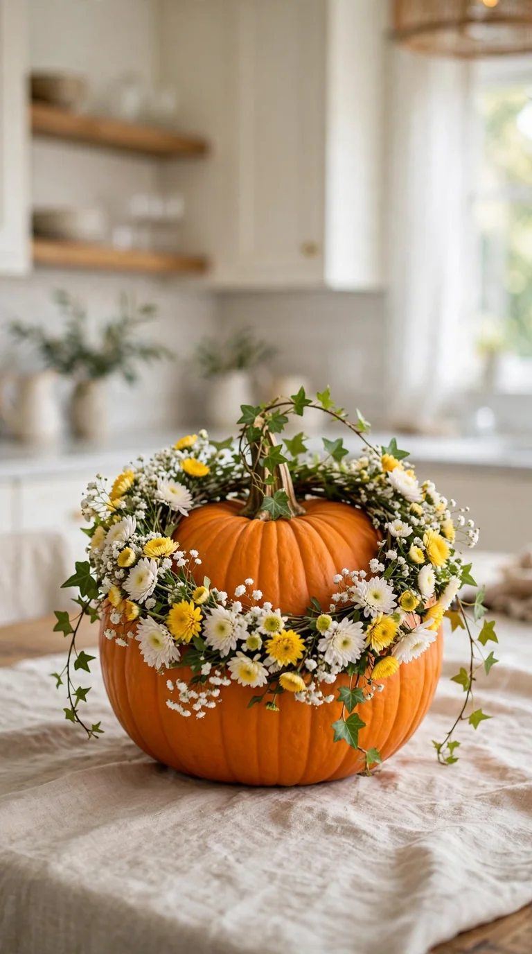 Whole pumpkin decorated with a fresh floral wreath around its stem