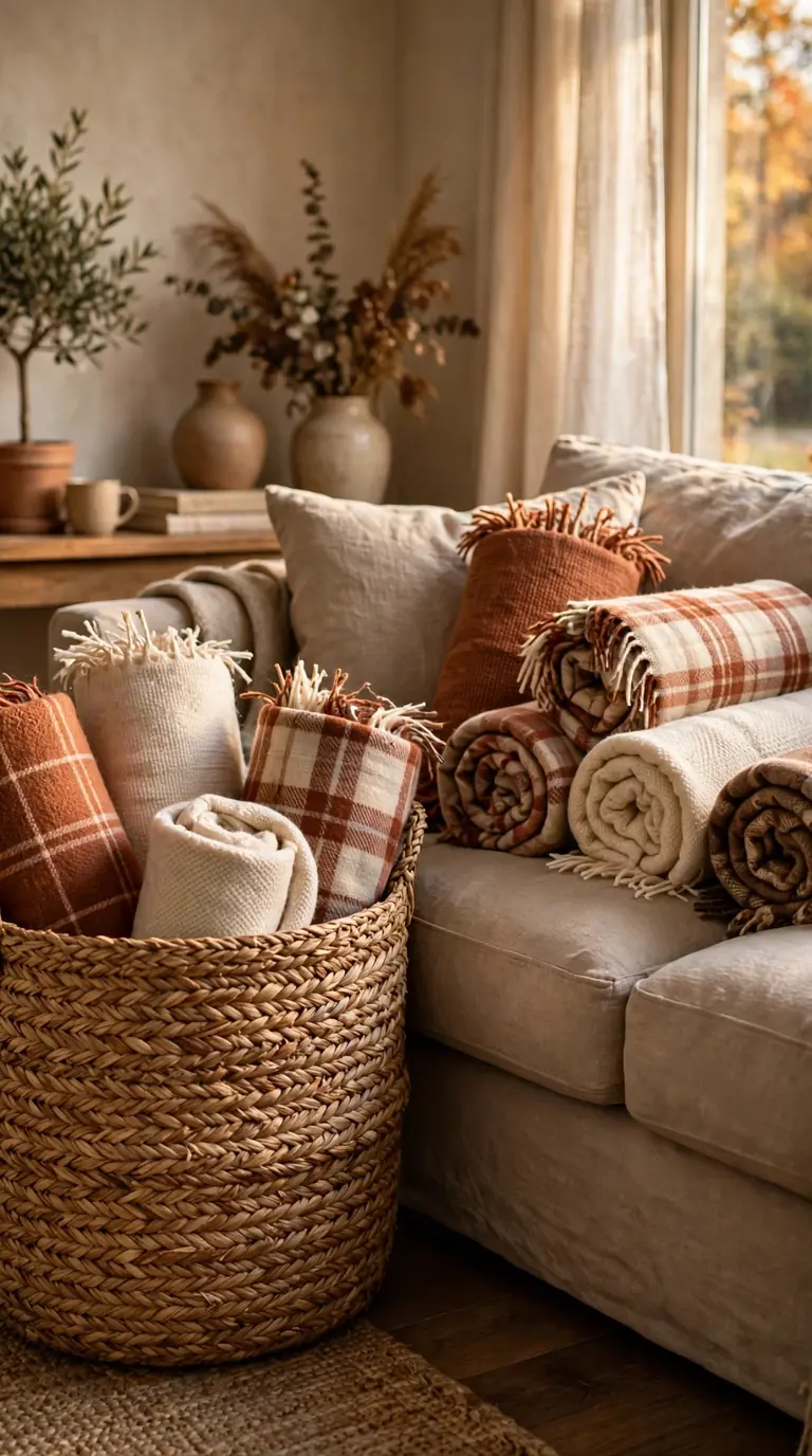 Woven basket with rolled throw blankets beside a sofa