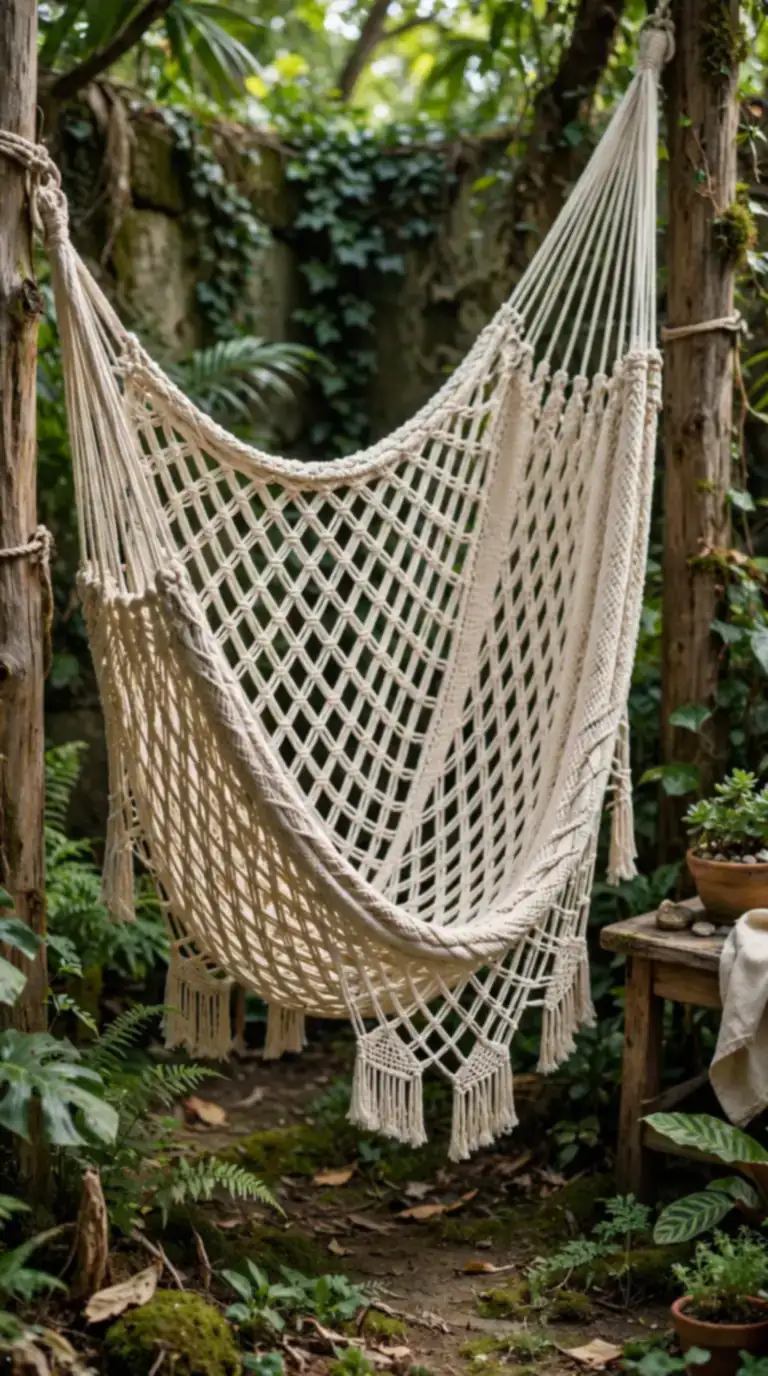 Handwoven Yucatan hammock strung in a shady corner of a Mexican backyard garden