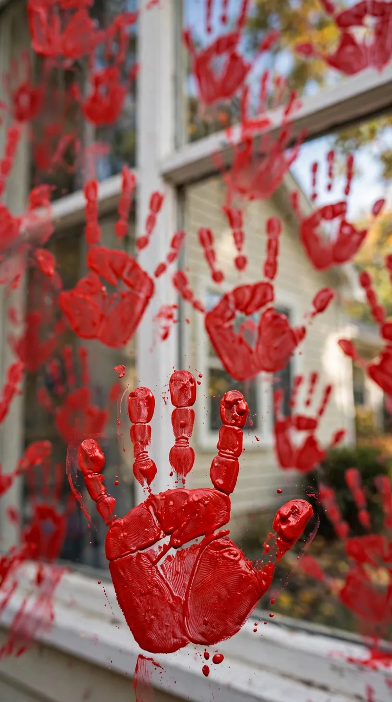 Red handprint window decorations for a kid-friendly Halloween