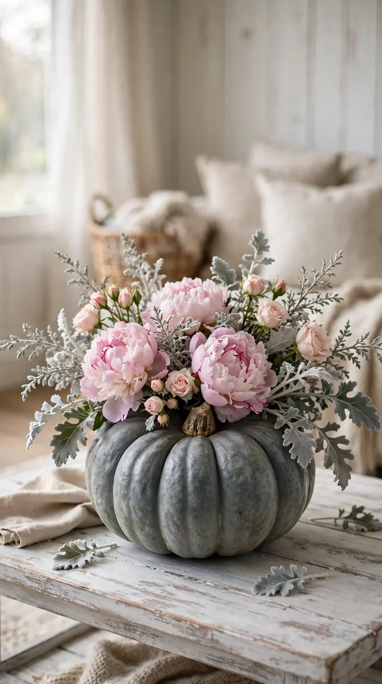 Dusty blue heirloom pumpkin with pastel pink peonies and dusty miller