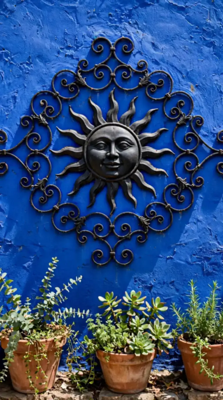 Cobalt blue painted accent wall with wrought iron sun art in a Mexican backyard